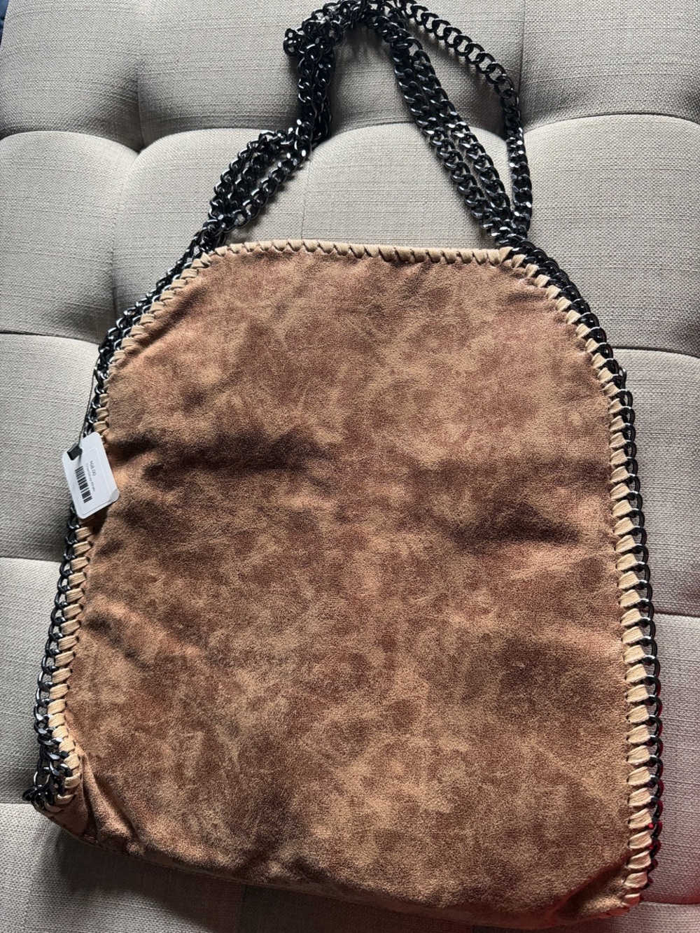 Brown Faux-Suede Tote with Black Chain Straps NWT